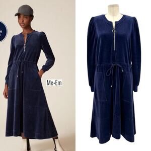Me +‎ Em Velour Dress Zip Front Midi Length Long Sleeve Navy Blue Size US 12